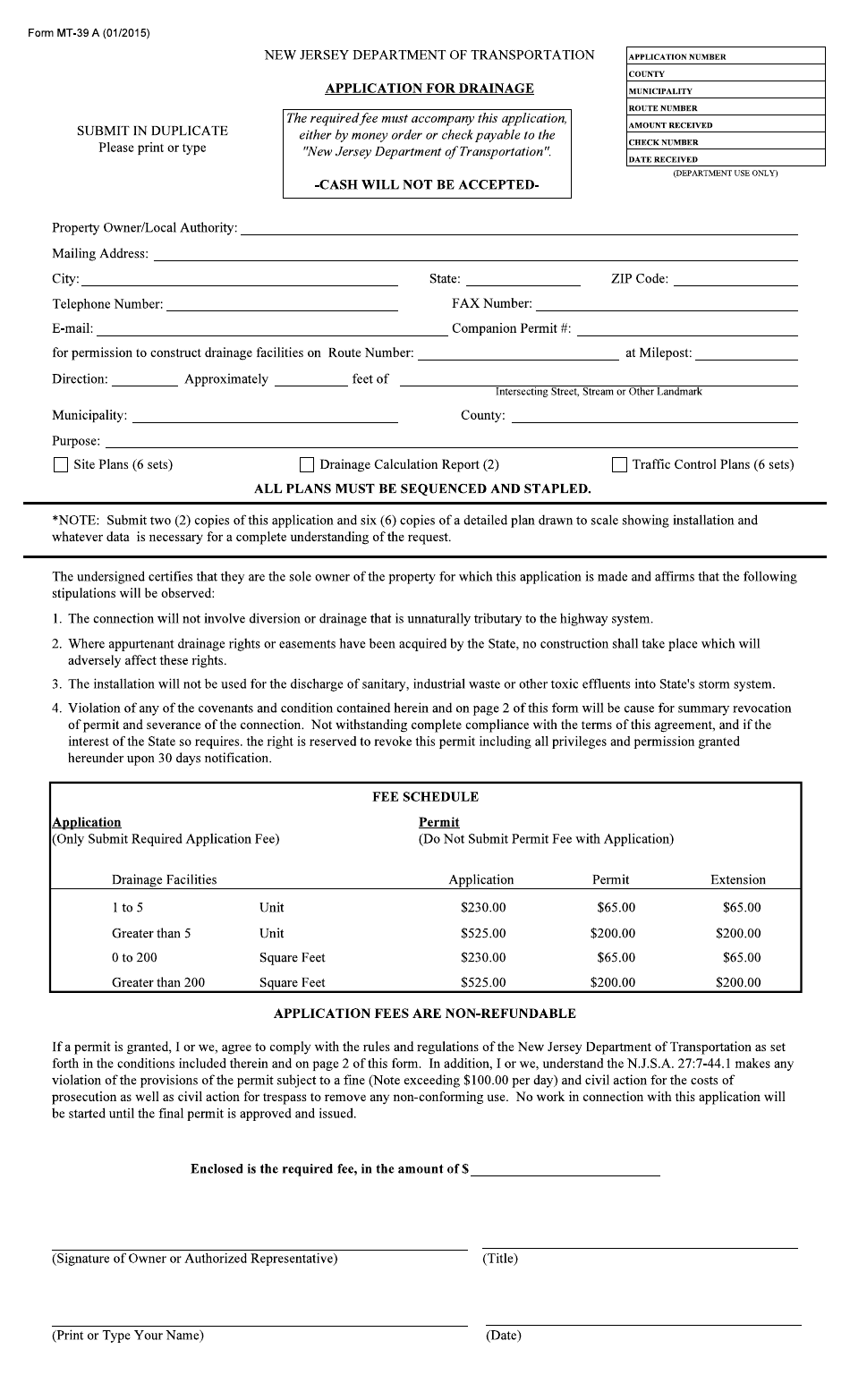 Form MT-39 A Application for Drainage - New Jersey, Page 1