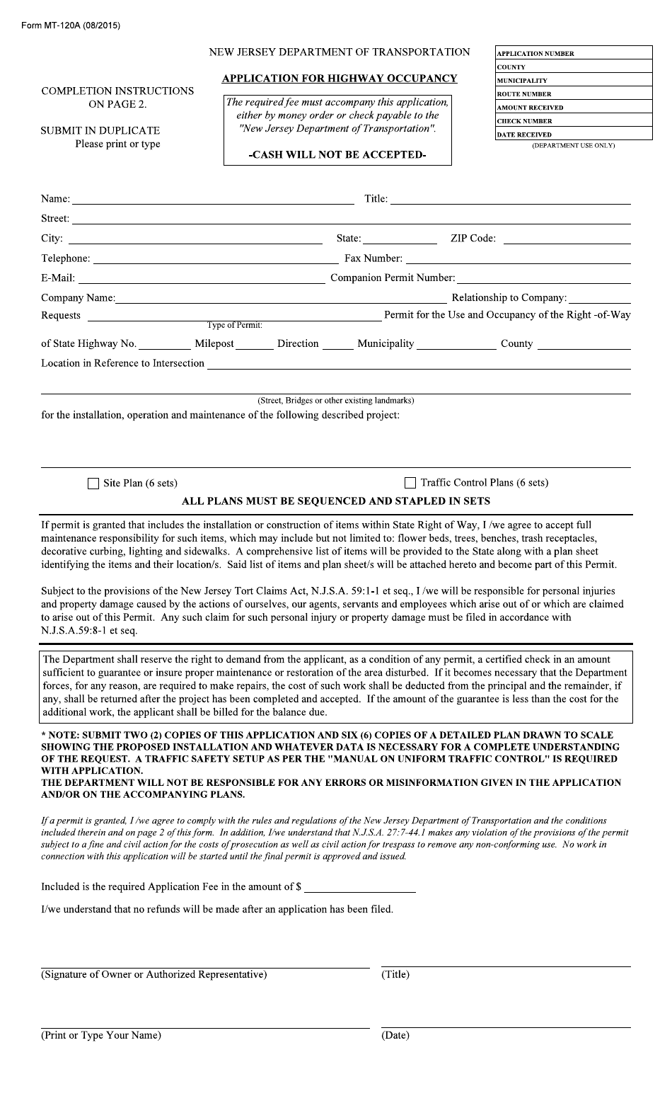 Form MT-120A Application for Highway Occupancy - New Jersey, Page 1