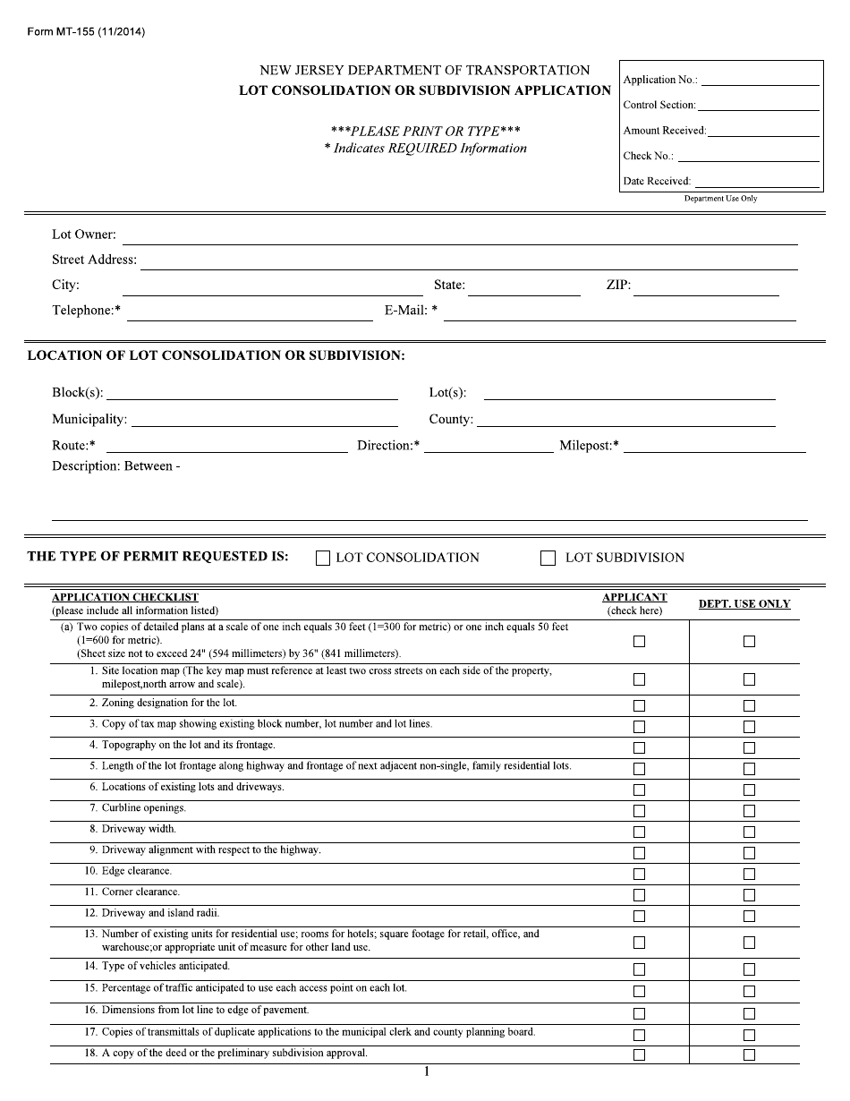 Form MT-155 Lot Consolidation or Subdivision Application - New Jersey, Page 1