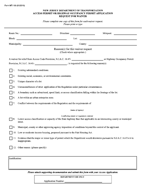 Form MT-159 Request for Waiver - New Jersey