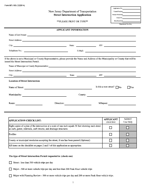 Form MT-160 Street Intersection Application - New Jersey