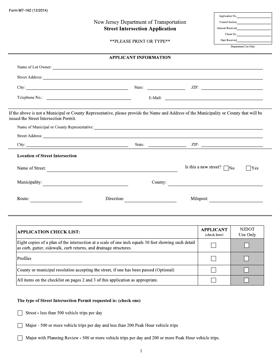 Form MT-160 Street Intersection Application - New Jersey, Page 1