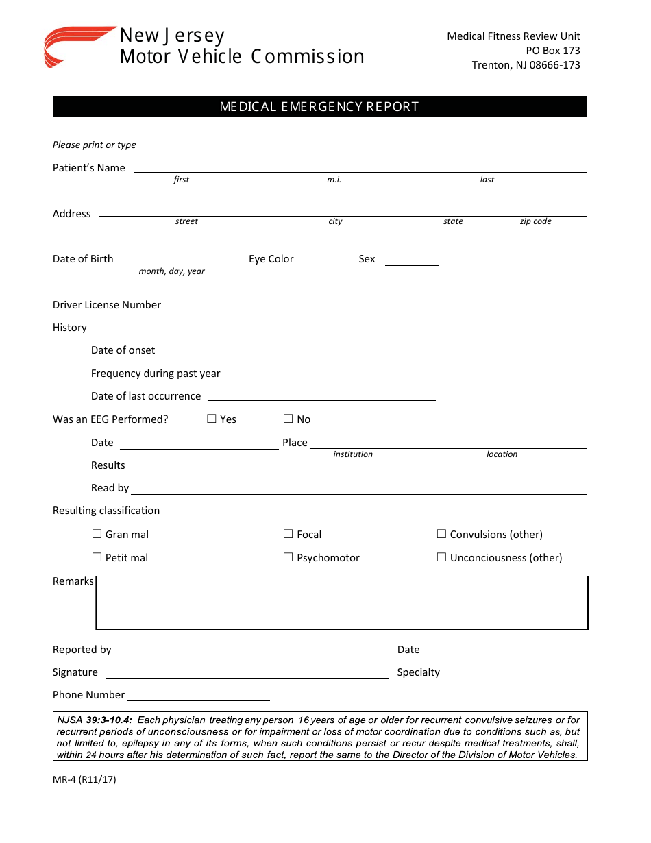 Form MR-4 Medical Emergency Report - New Jersey, Page 1