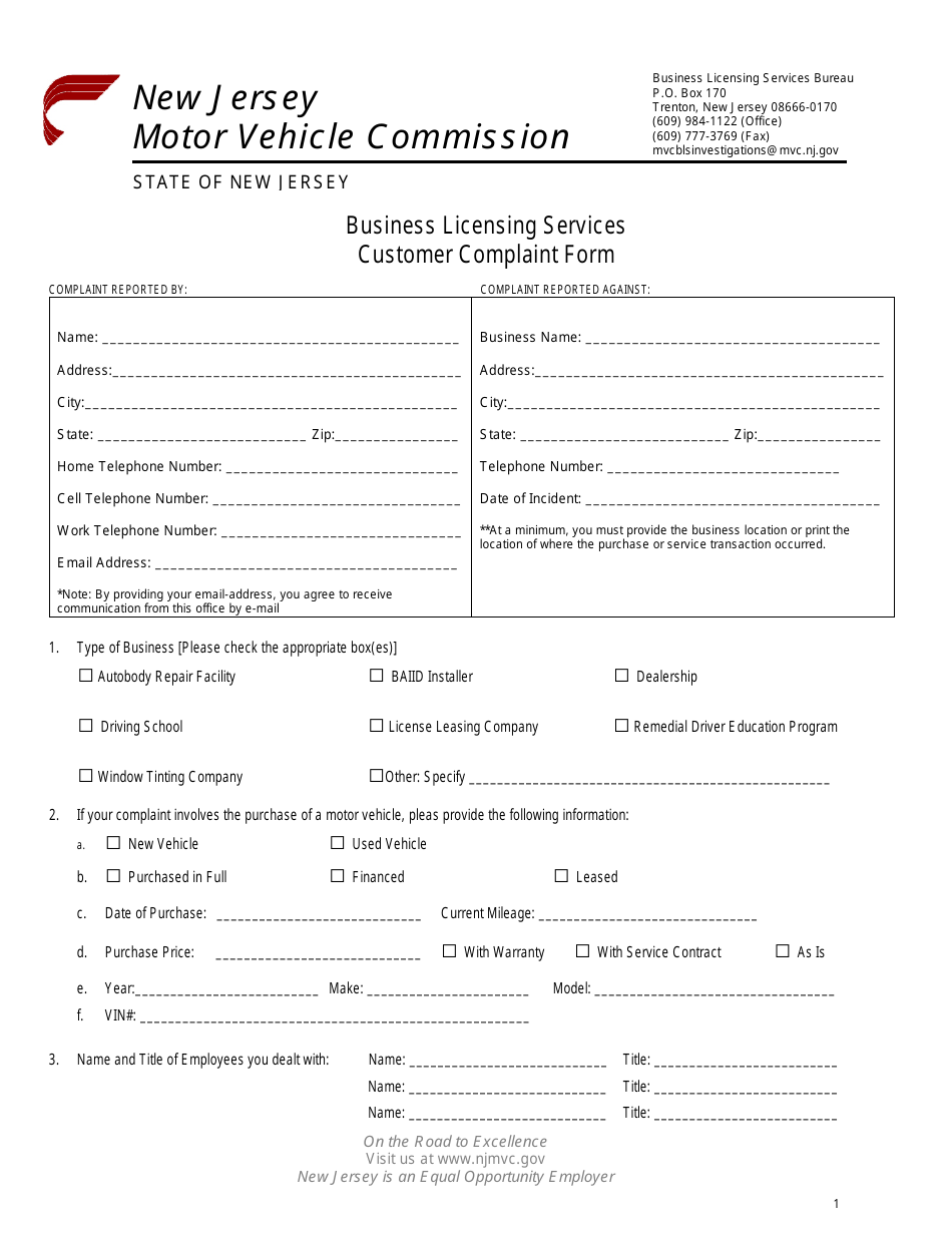 Form BLS-161 Business Licensing Services Customer Complaint Form - New Jersey, Page 1