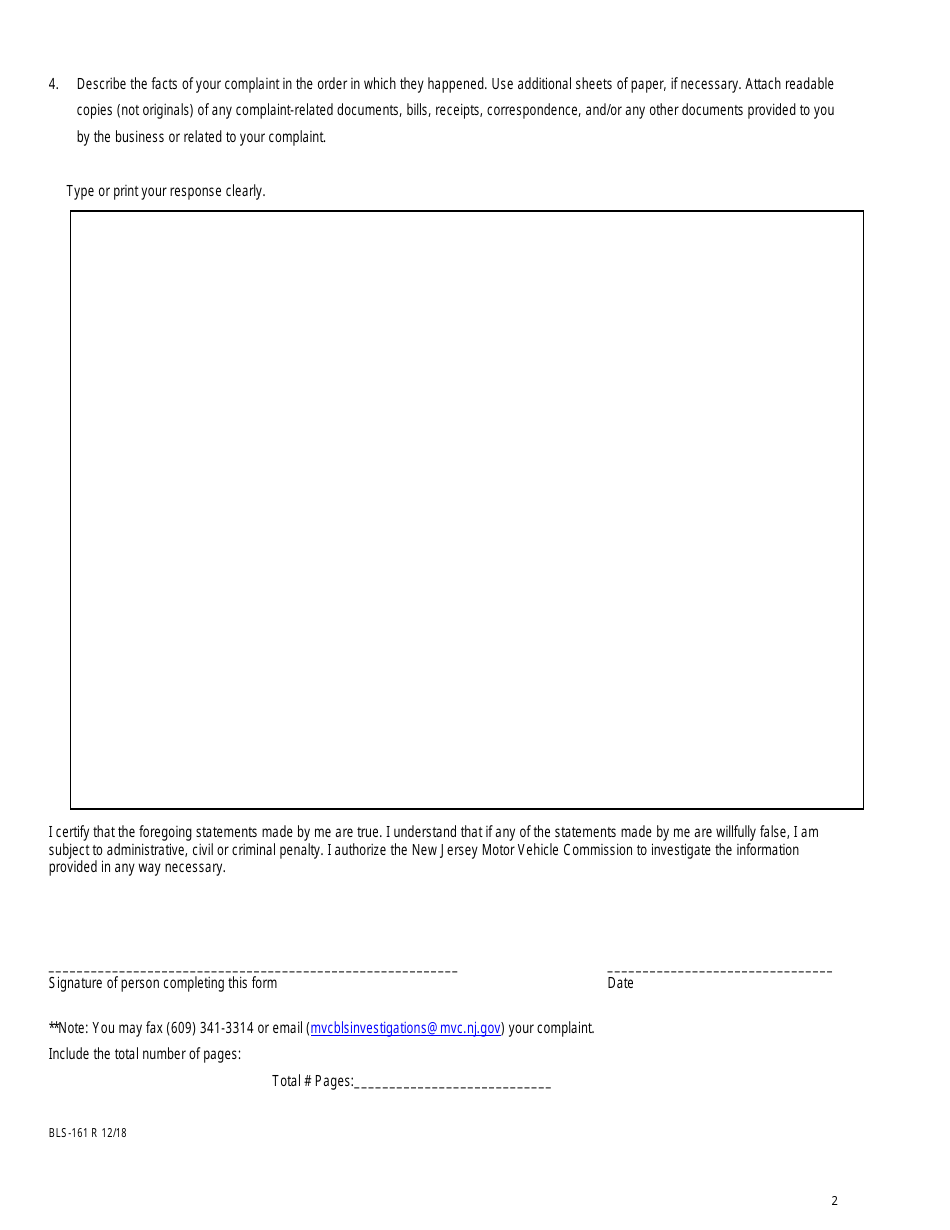 Form BLS-161 Business Licensing Services Customer Complaint Form - New Jersey, Page 2