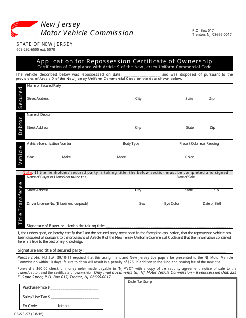 Form OS/SS-57 Application for Repossession Certificate of Ownership - New Jersey