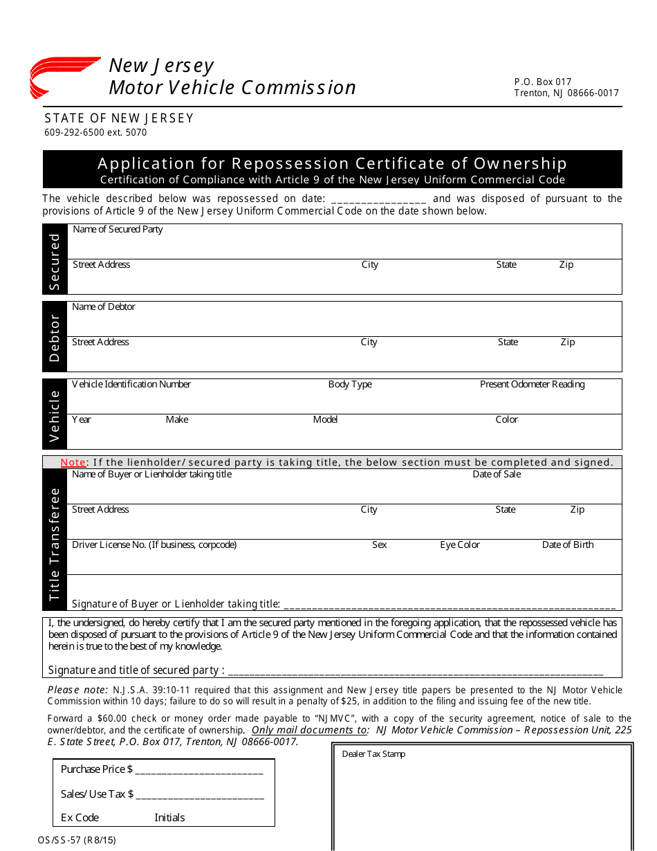 Form OS / SS-57 Application for Repossession Certificate of Ownership - New Jersey, Page 1