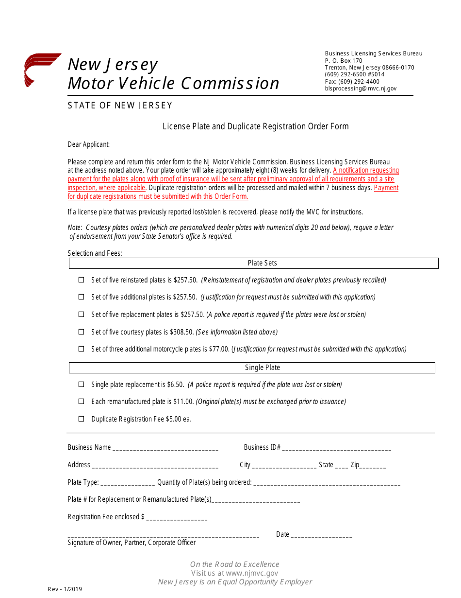 License Plate and Duplicate Registration Order Form - New Jersey, Page 1
