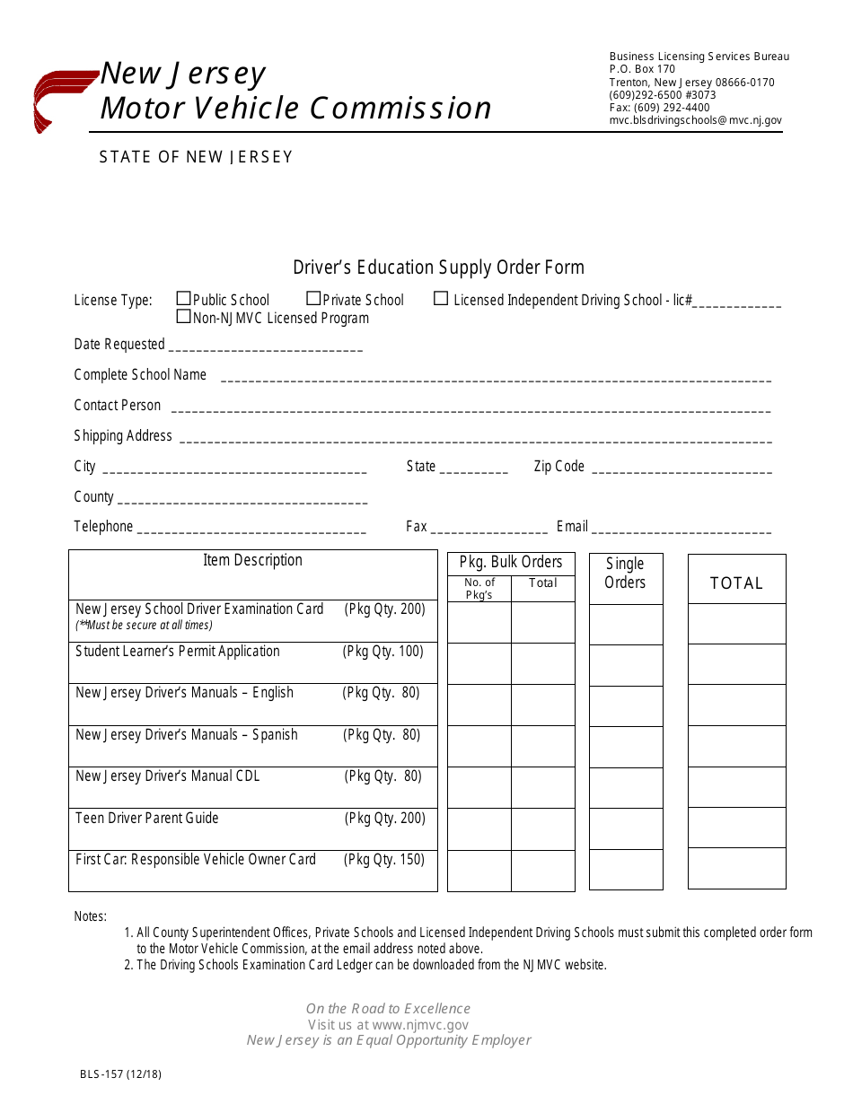 Form BLS157 Download Fillable PDF or Fill Online Driver's Education
