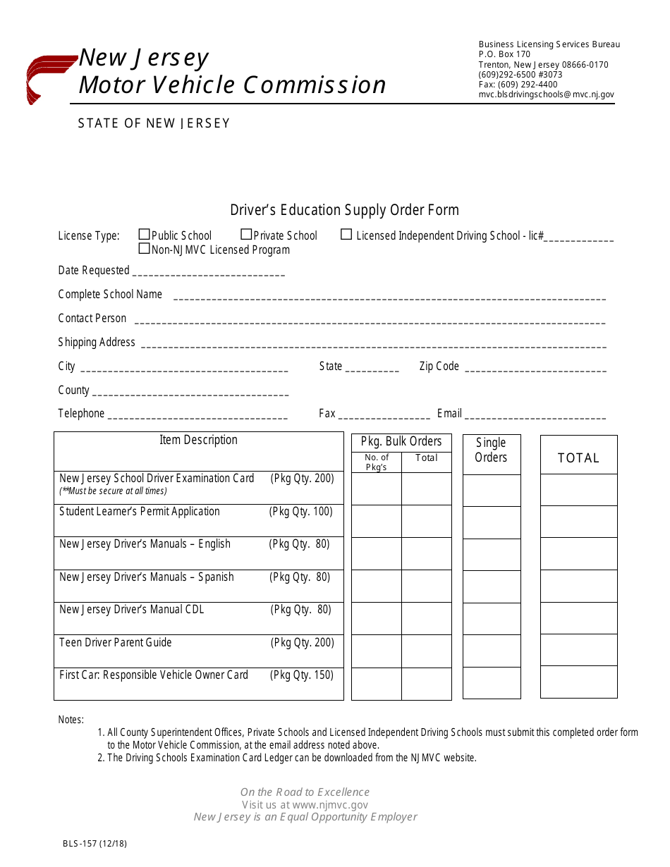 Form BLS-157 Drivers Education Supply Order Form - New Jersey, Page 1