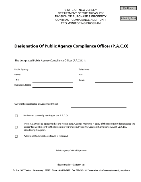 Designation of Public Agency Compliance Officer (P.a.c.o) - New Jersey Download Pdf