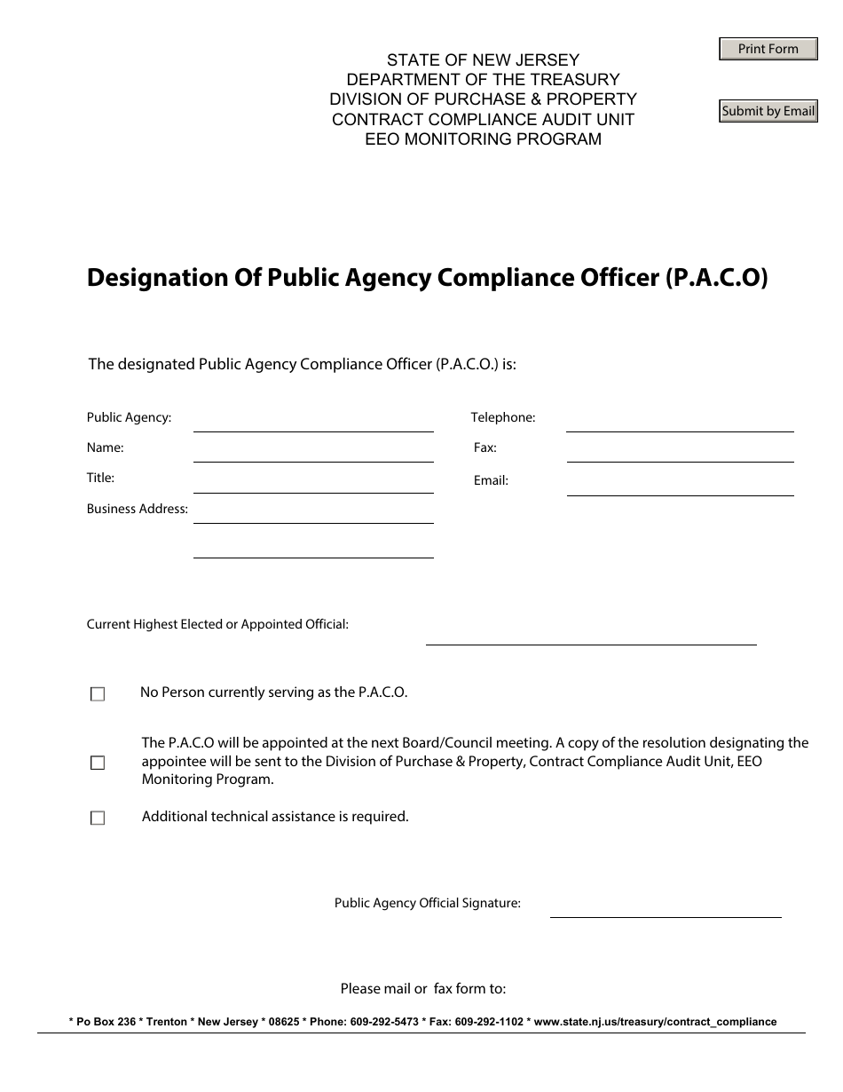 Designation of Public Agency Compliance Officer (P.a.c.o) - New Jersey, Page 1
