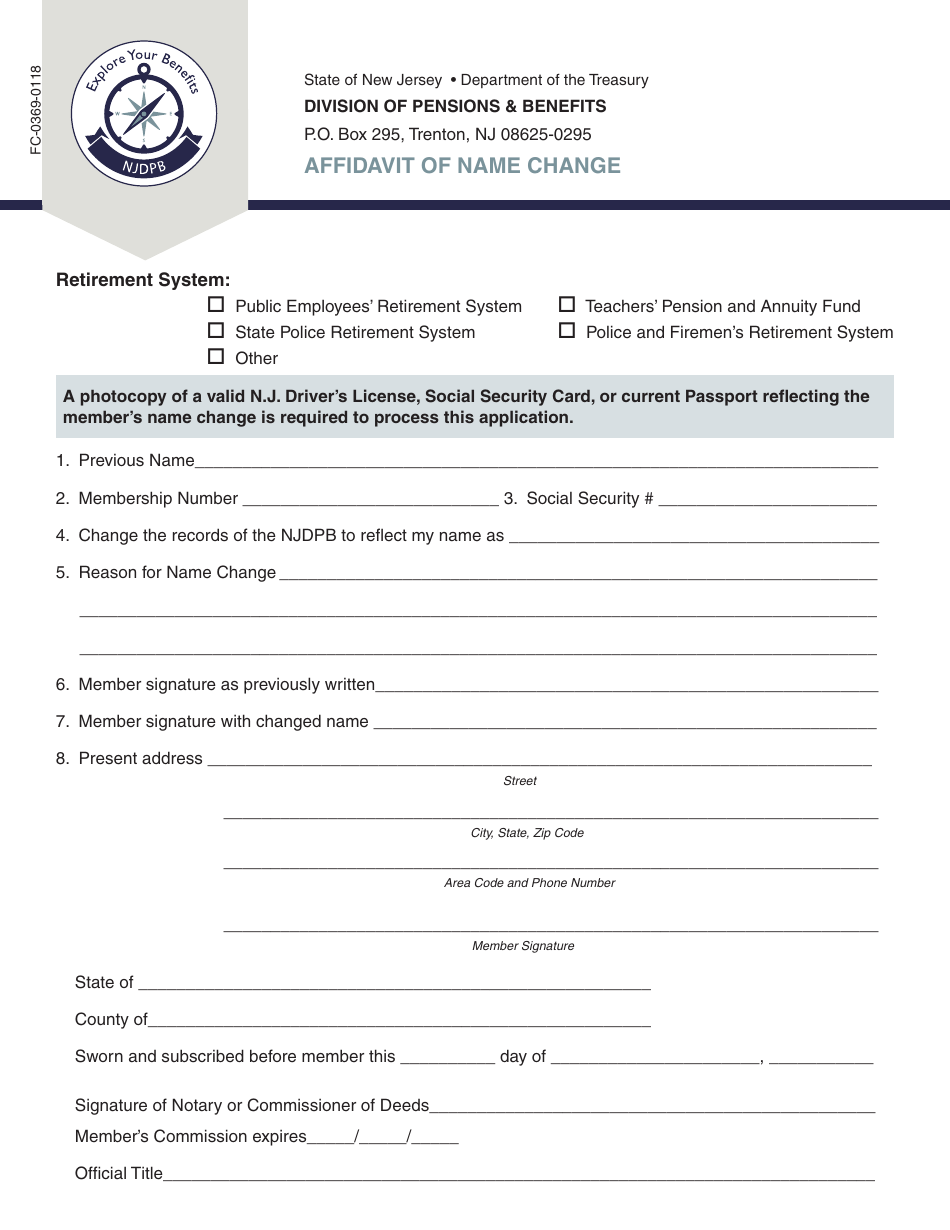 Form FC-0369 Affidavit of Name Change - New Jersey, Page 1