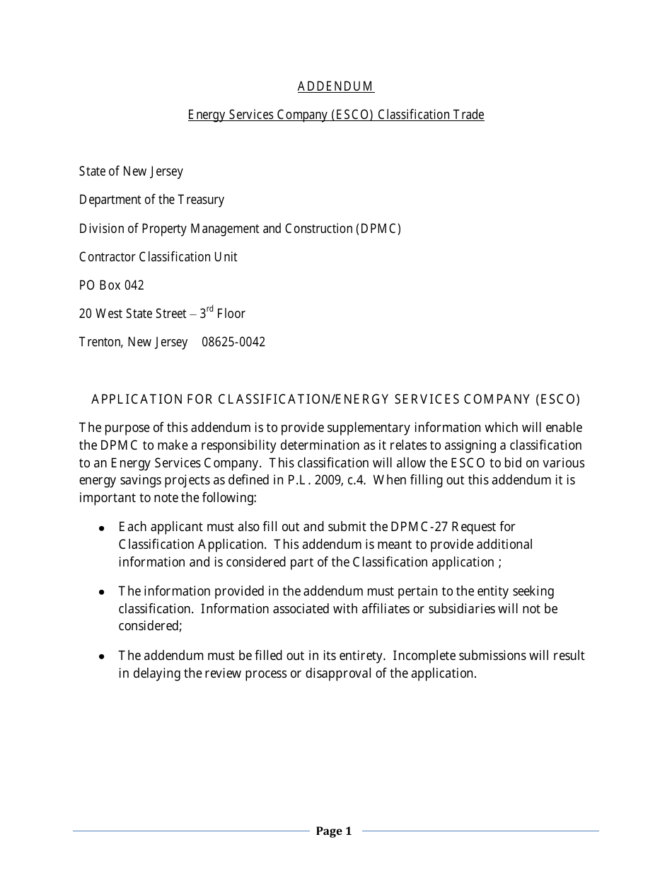 Application for Classification / Energy Services Company (Esco) - New Jersey, Page 1