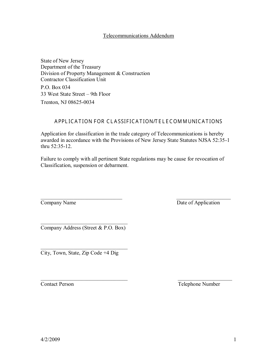 Application for Classification / Telecommunications - New Jersey, Page 1