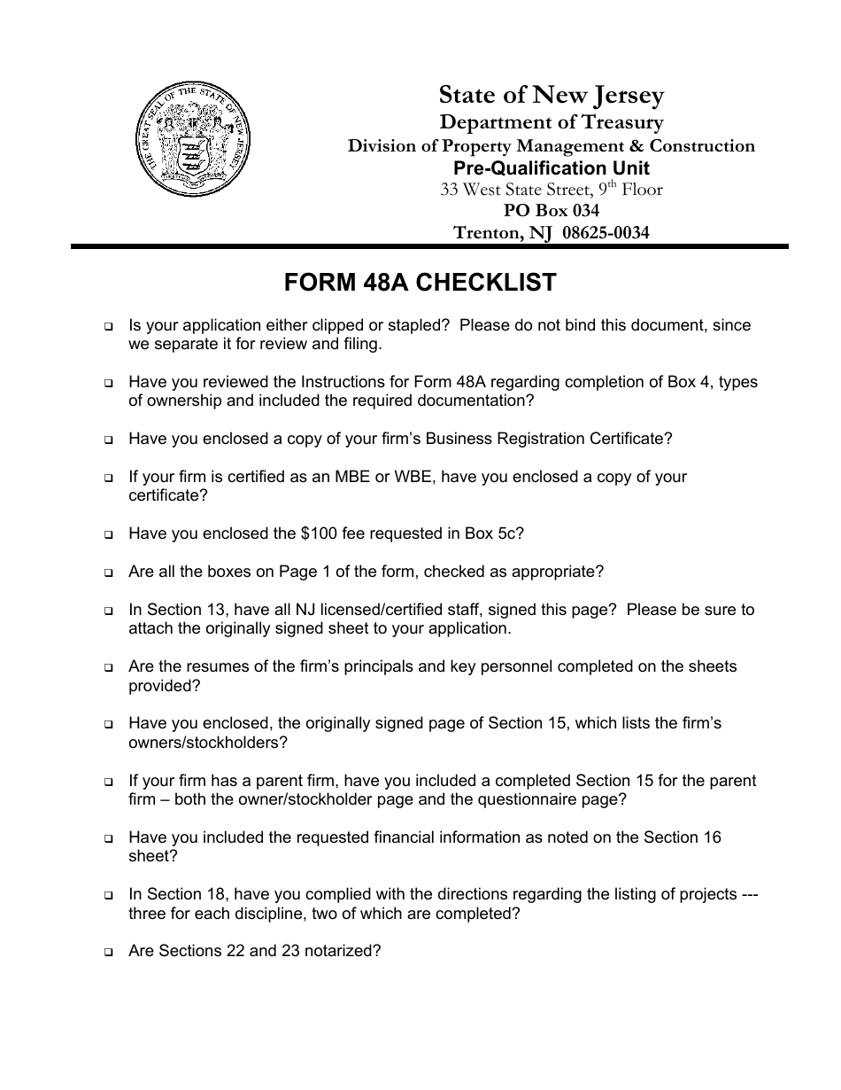 Form 48A Professional Services Prequalification Application Checklist - New Jersey, Page 1