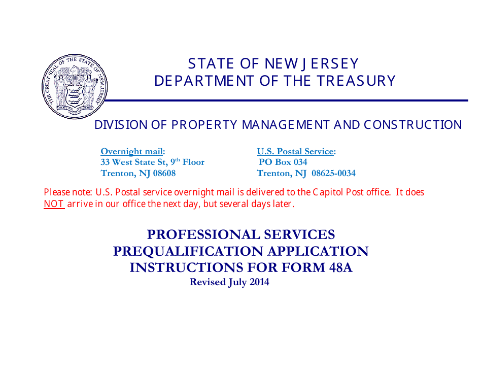 Instructions for Form 48A Professional Services Prequalification Application - New Jersey, Page 1
