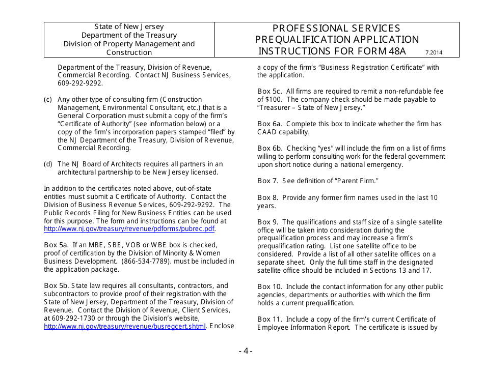 Instructions for Form 48A Professional Services Prequalification Application - New Jersey, Page 5