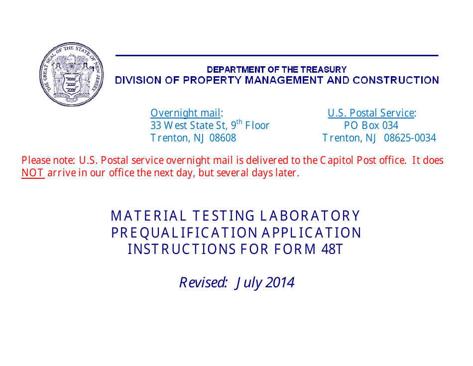 Instructions for Form 48T Material Testing Laboratory Prequalification Application - New Jersey, Page 1