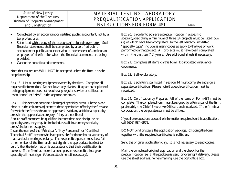 Instructions for Form 48T Material Testing Laboratory Prequalification Application - New Jersey, Page 6