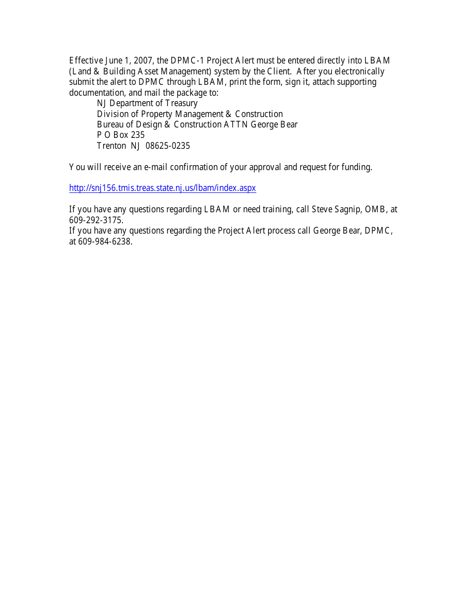 Form DPMC-1 Dpmc Project Alert - New Jersey, Page 1