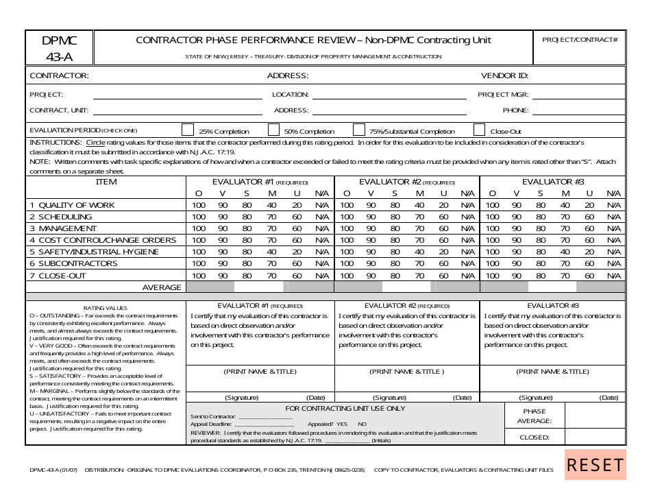 Form DPMC43-A Contractor Phase Performance Review  Non-dpmc Contracting Unit - New Jersey, Page 1