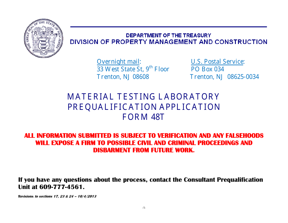 Form 48T Material Testing Laboratory Pre-qualification Application - New Jersey, Page 1