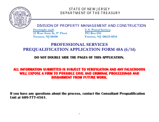 Document preview: Form 48A Professional Services Prequalification Application Form - New Jersey