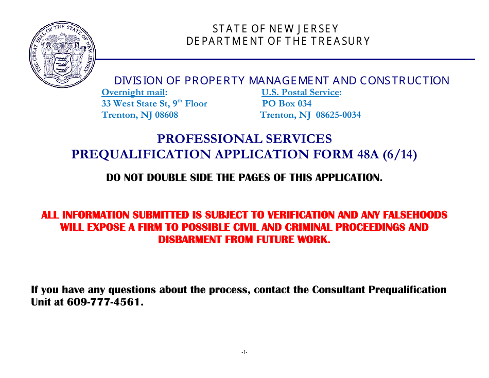 Form 48A Professional Services Prequalification Application Form - New Jersey, Page 1