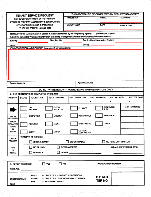 Tenant Service Request (Treasury-Owned Buildings) - New Jersey Download Pdf