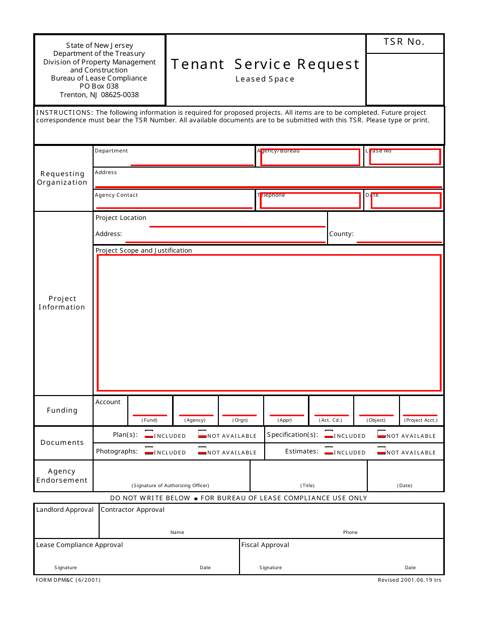 Form DPMC Tenant Service Request (Leased Space) - New Jersey, Page 1