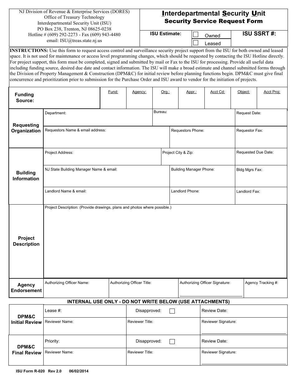 ISU Form R-020 Interdepartmental Security Unit Security Service Request Form - New Jersey, Page 1