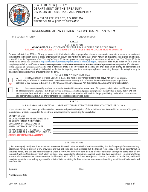 Disclosure of Investment Activities in Iran Form - New Jersey Download Pdf