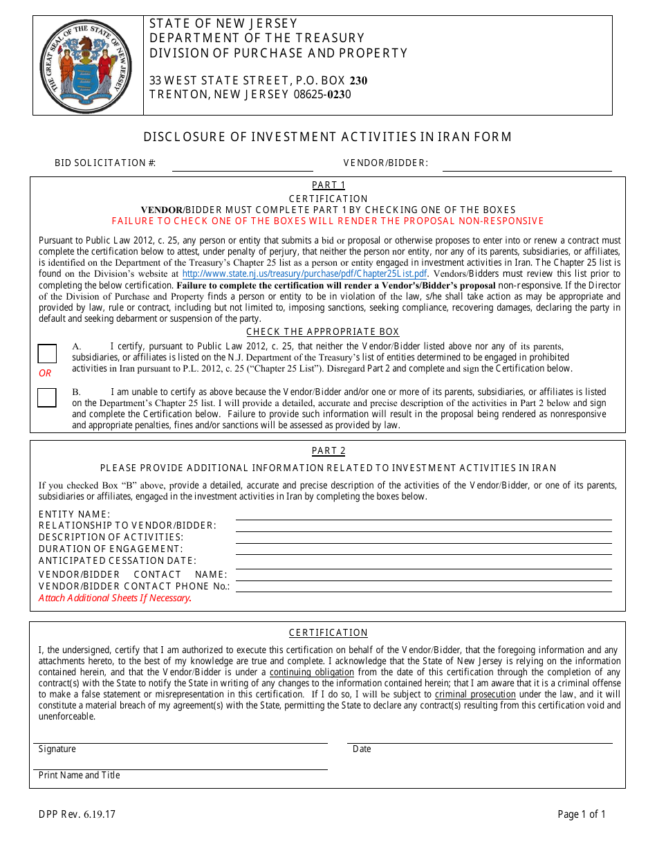 Disclosure of Investment Activities in Iran Form - New Jersey, Page 1