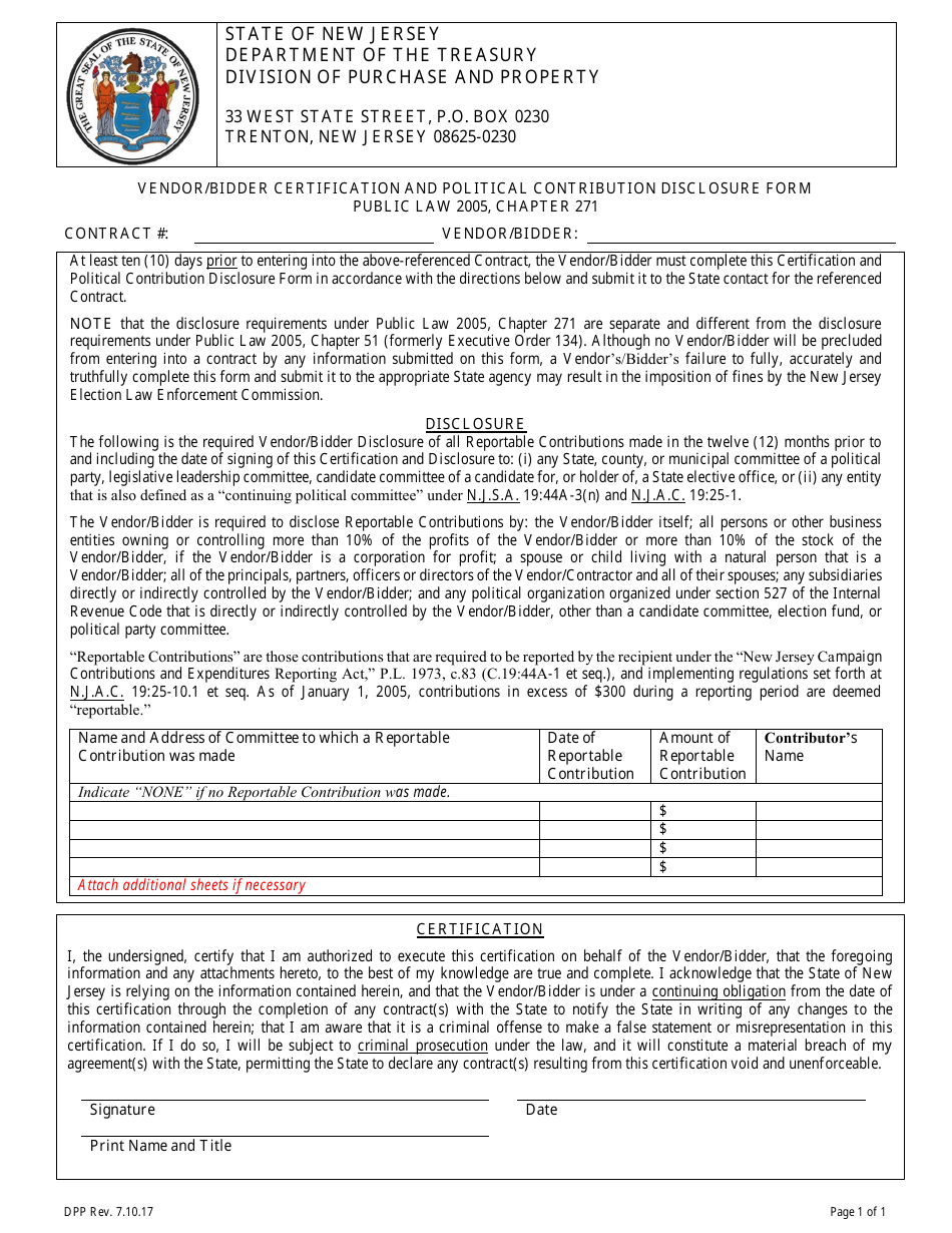 Vendor / Bidder Certification and Political Contribution Disclosure Form - New Jersey, Page 1