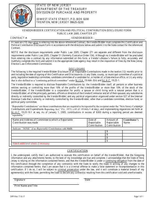 Vendor / Bidder Certification and Political Contribution Disclosure Form - New Jersey Download Pdf