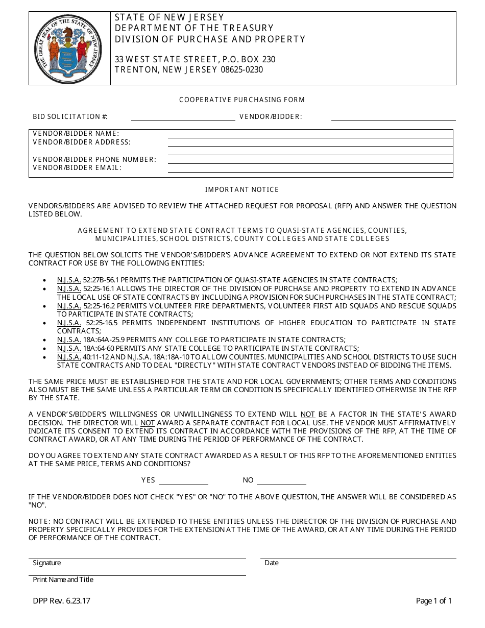 Cooperative Purchasing Form - New Jersey, Page 1