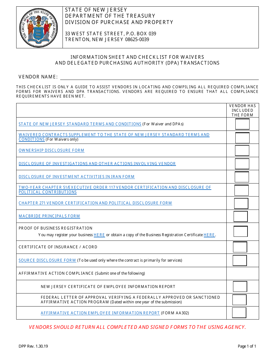 Information Sheet and Checklist for Waivers and Delegated Purchasing Authority (Dpa) Transactions - New Jersey, Page 1
