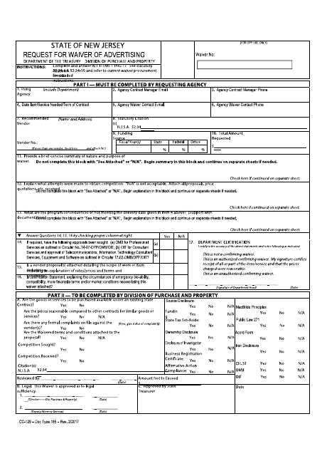 Form CC-129 Request for Waiver of Advertising - New Jersey