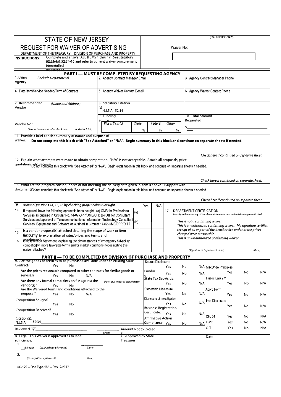 Form CC-129 Request for Waiver of Advertising - New Jersey, Page 1