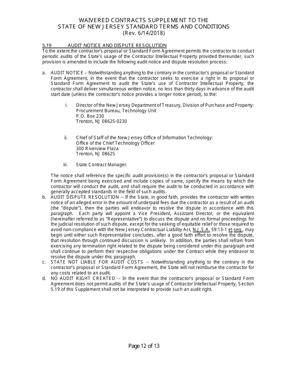 Waivered Contracts Supplement to the State of New Jersey Standard Terms and Conditions - New Jersey, Page 12