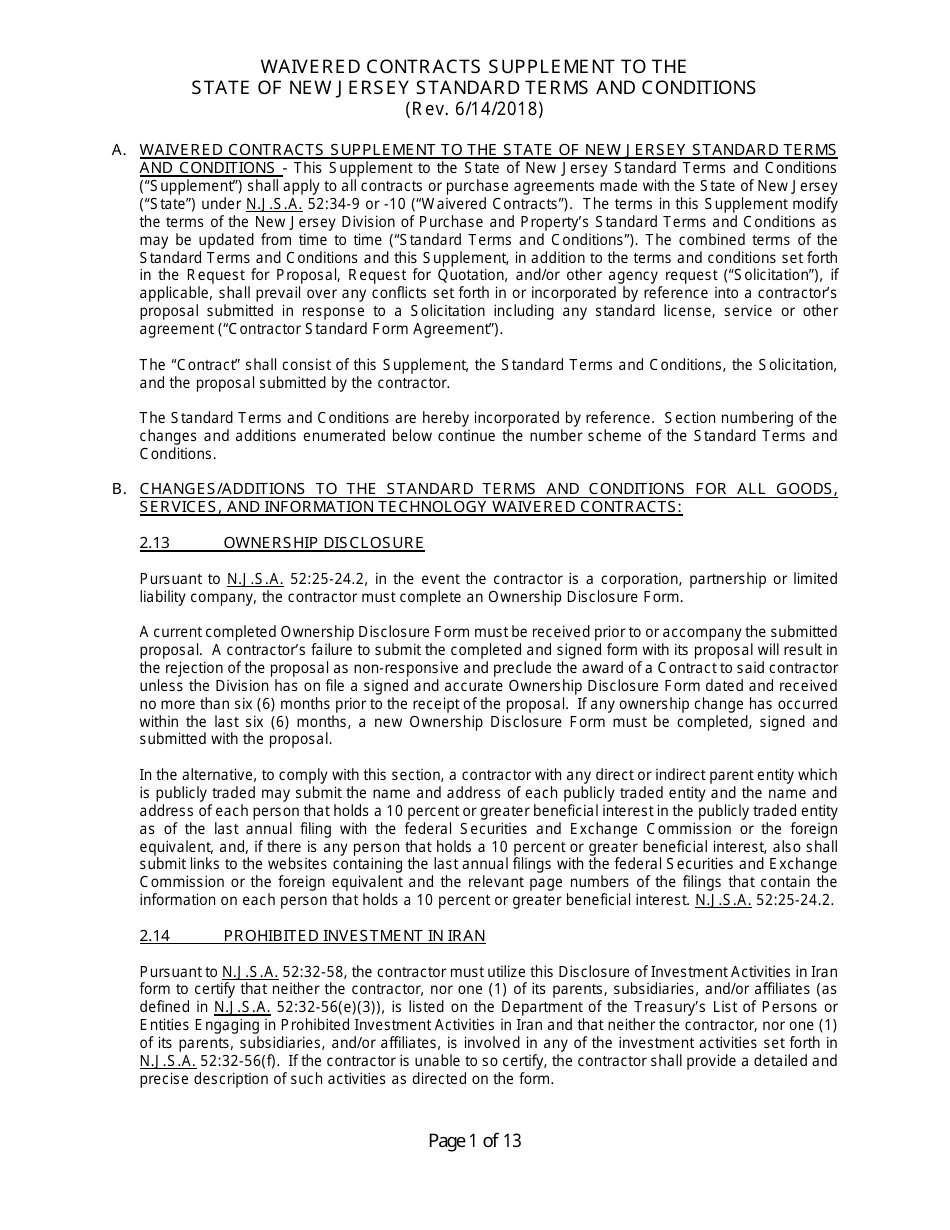 Waivered Contracts Supplement to the State of New Jersey Standard Terms and Conditions - New Jersey, Page 1