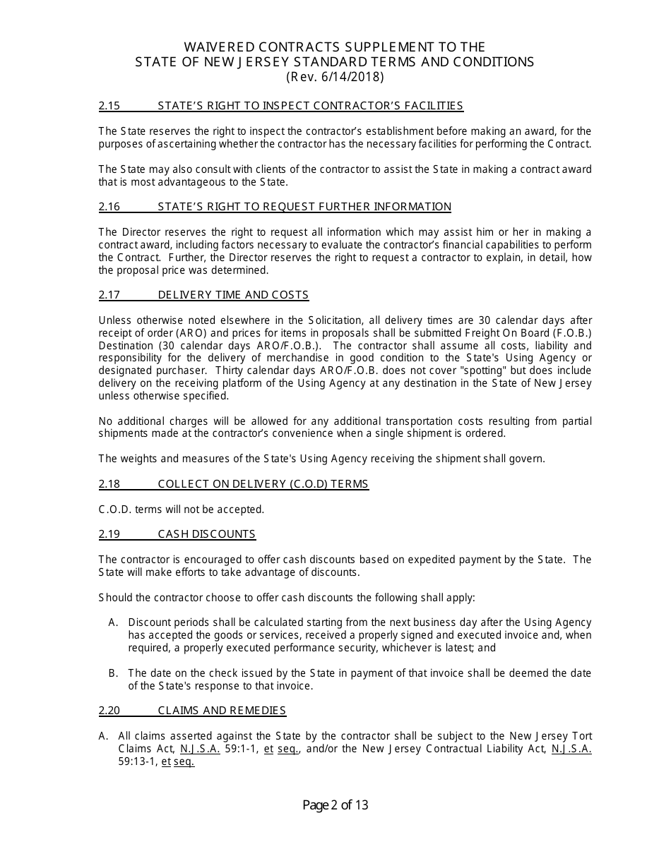 Waivered Contracts Supplement to the State of New Jersey Standard Terms and Conditions - New Jersey, Page 2