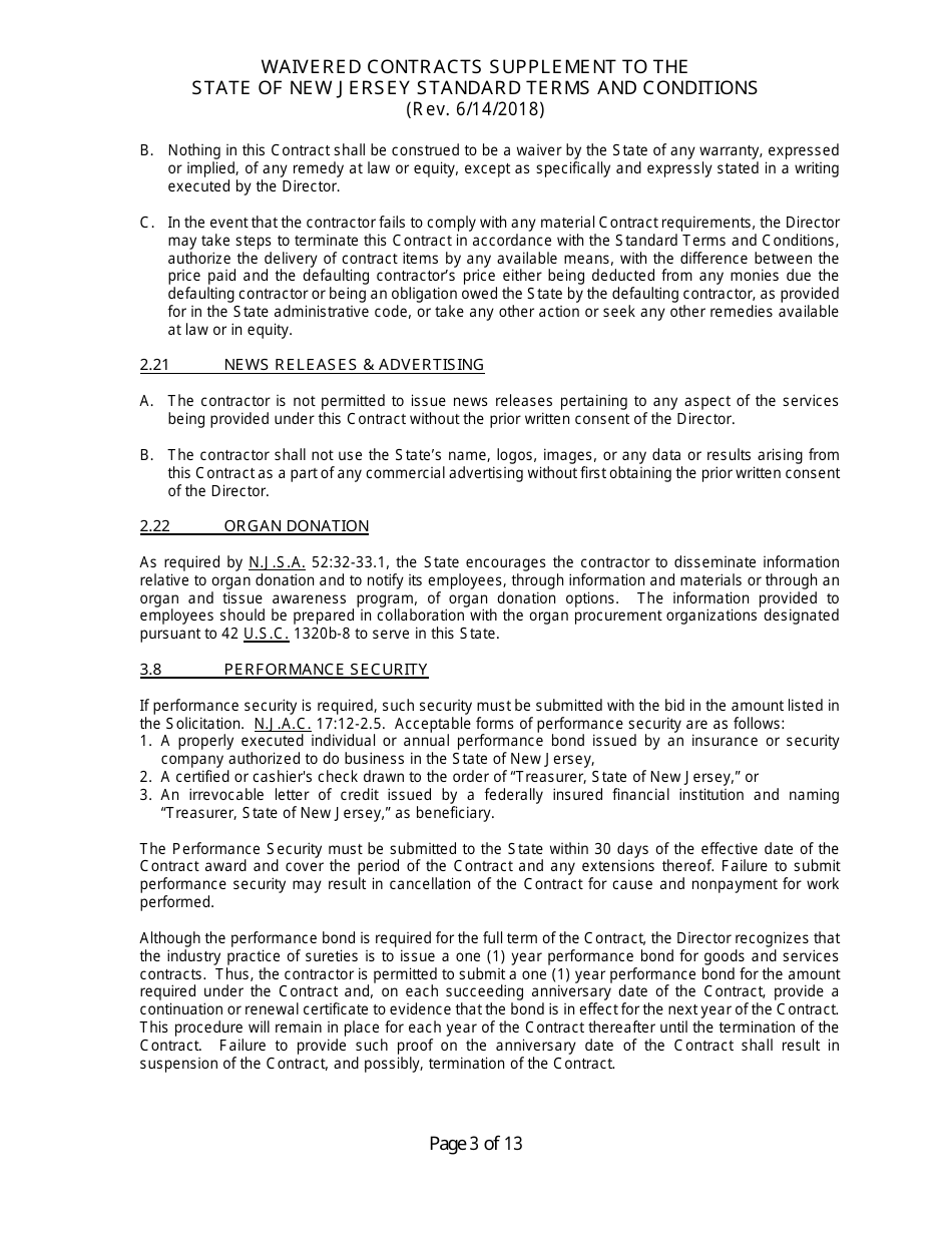 Waivered Contracts Supplement to the State of New Jersey Standard Terms and Conditions - New Jersey, Page 3