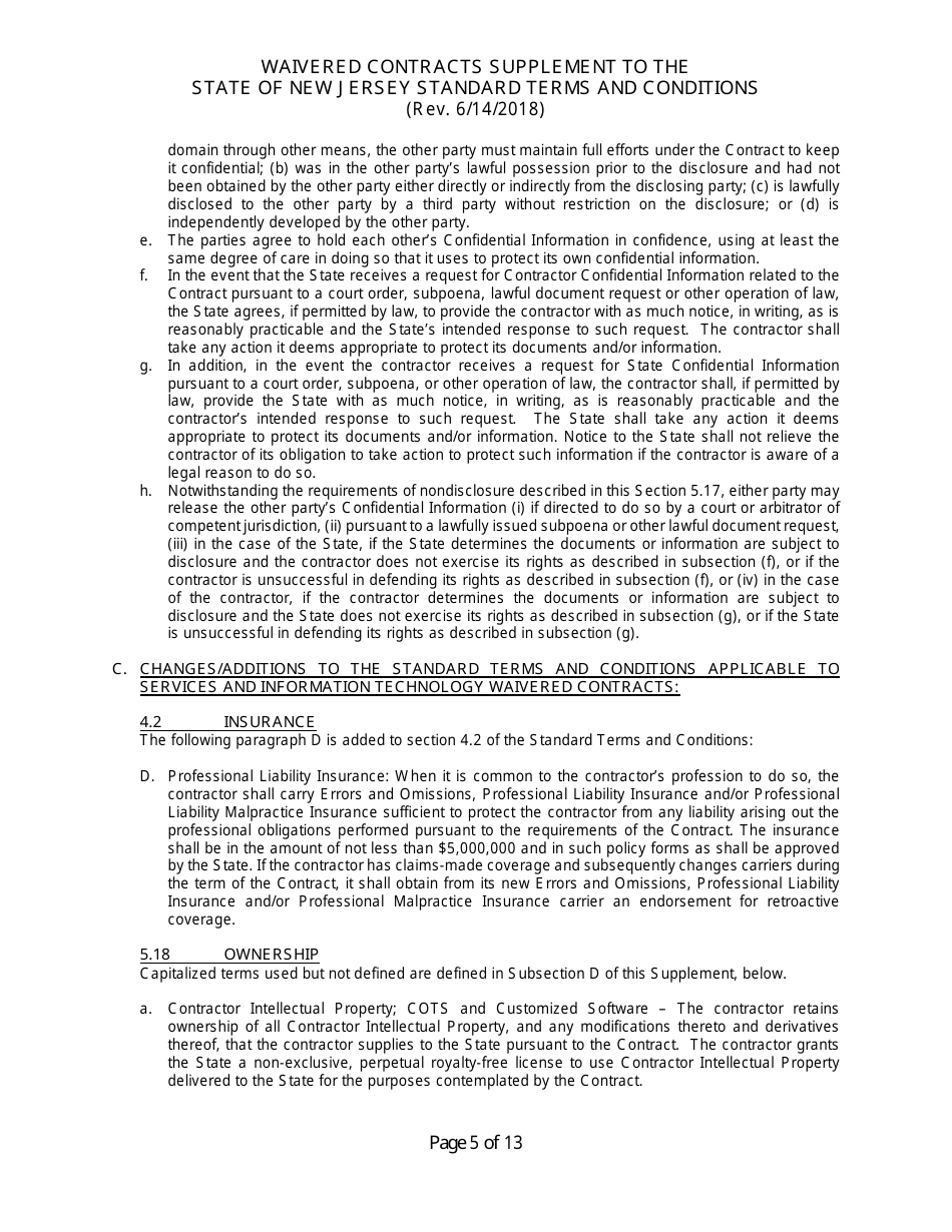 Waivered Contracts Supplement to the State of New Jersey Standard Terms and Conditions - New Jersey, Page 5