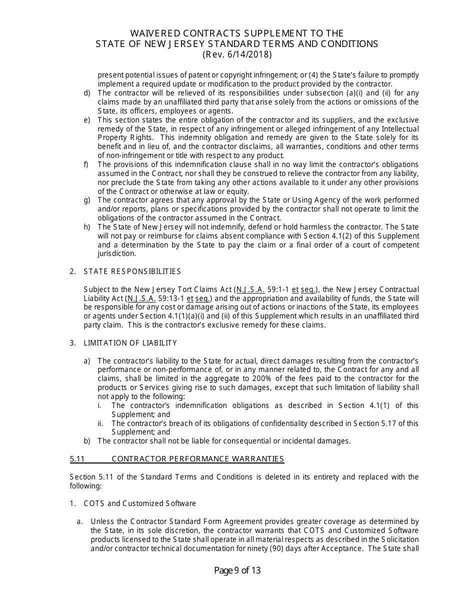 Waivered Contracts Supplement to the State of New Jersey Standard Terms and Conditions - New Jersey, Page 9