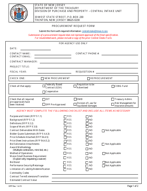 Procurement Request Form - New Jersey Download Pdf
