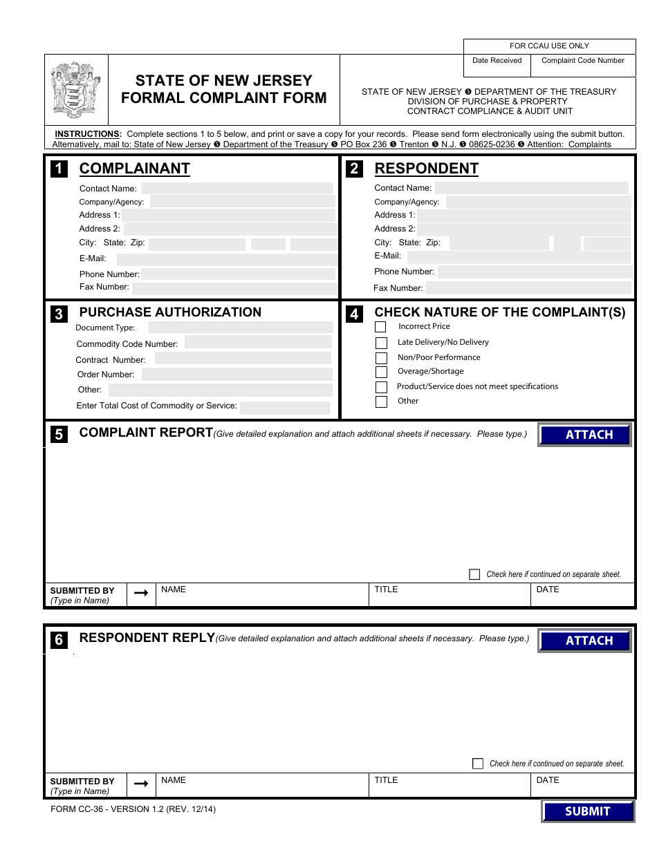 Form CC-36 State of New Jersey Formal Complaint Form - New Jersey, Page 1