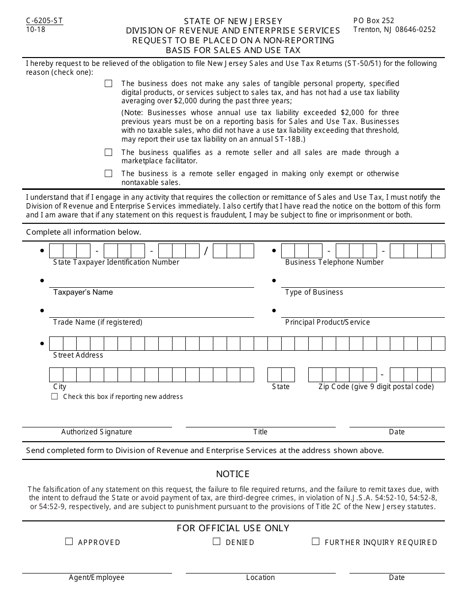Form C-6205-ST Request to Be Placed on a Non-reporting Basis for Sales and Use Tax - New Jersey, Page 1
