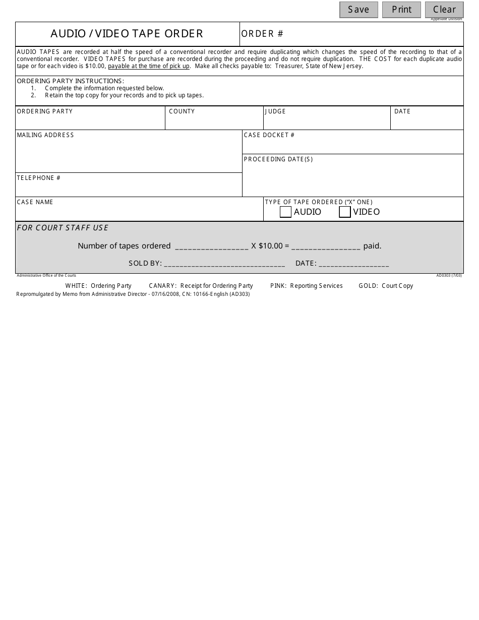 Form AD303 (10166) Audio / Video Tape Order - New Jersey, Page 1